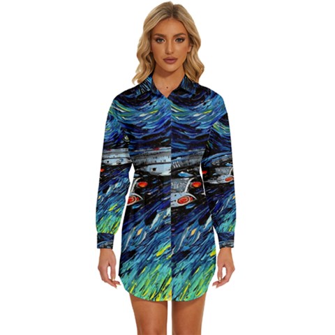 Star Ship Parody Art Starry Night Womens Long Sleeve Shirt Dress by Modalart