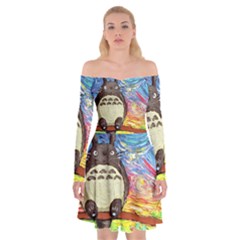 Totoro Starry Night Art Van Gogh Parody Off Shoulder Skater Dress by Modalart