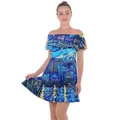 Starry Night Van Gogh Painting Art City Scape Off Shoulder Velour Dress by Modalart