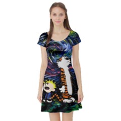 Cartoon Art Starry Night Van Gogh Short Sleeve Skater Dress by Modalart