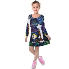 Cartoon Art Starry Night Van Gogh Kids  Long Sleeve Velvet Dress by Modalart