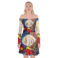 Cartoon Starry Night Vincent Van Gogh Off Shoulder Skater Dress by Modalart