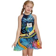 Adventure Time Art Starry Night Van Gogh Kids  Halter Collar Waist Tie Chiffon Dress by Modalart