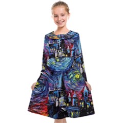 Castle Hogwarts Starry Night Print Van Gogh Parody Kids  Midi Sailor Dress by Modalart