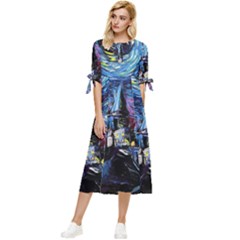 Castle Hogwarts Starry Night Print Van Gogh Parody Bow Sleeve Chiffon Midi Dress by Modalart