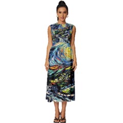 The Great Wall Nature Painting Starry Night Van Gogh Sleeveless Round Neck Midi Dress by Modalart