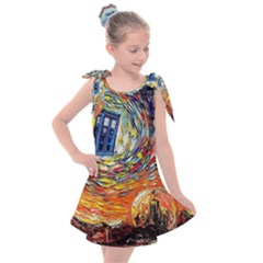 Tardis Starry Night Doctor Who Van Gogh Parody Kids  Tie Up Tunic Dress by Modalart