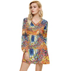 Tardis Starry Night Doctor Who Van Gogh Parody Tiered Long Sleeve Mini Dress by Modalart