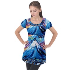 Mount Fuji Art Starry Night Van Gogh Puff Sleeve Tunic Top by Modalart