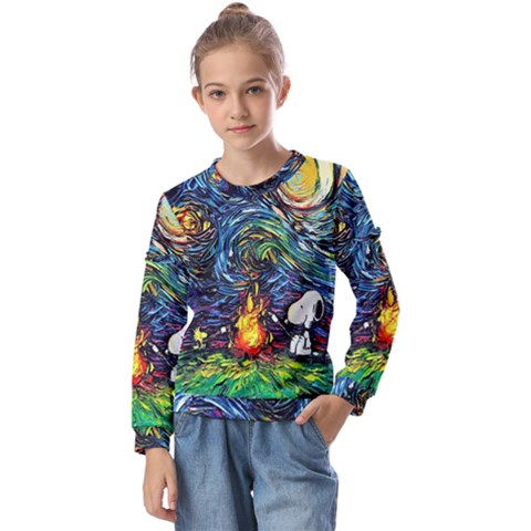 Dog Cartoon Starry Night Print Van Gogh Parody Kids  Long Sleeve T-shirt With Frill  by Modalart