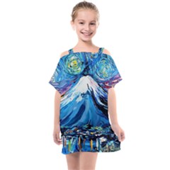 Mount Fuji Art Starry Night Van Gogh Kids  One Piece Chiffon Dress by Modalart