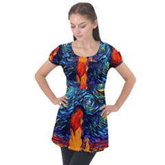 Lion Art Starry Night Van Gogh Puff Sleeve Tunic Top by Modalart