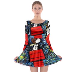 Dog Flying House Cartoon Starry Night Vincent Van Gogh Parody Long Sleeve Skater Dress by Modalart