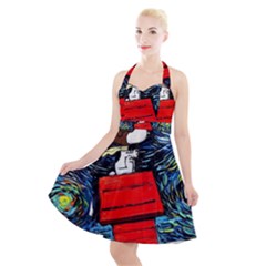 Dog Flying House Cartoon Starry Night Vincent Van Gogh Parody Halter Party Swing Dress  by Modalart