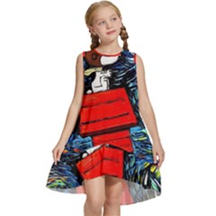 Dog Flying House Cartoon Starry Night Vincent Van Gogh Parody Kids  Frill Swing Dress by Modalart