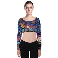 Cartoon Dog Vincent Van Gogh s Starry Night Parody Velvet Long Sleeve Crop Top by Modalart