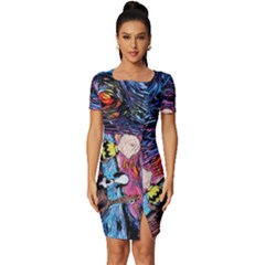 Cartoon Dog Vincent Van Gogh s Starry Night Parody Fitted Knot Split End Bodycon Dress by Modalart