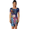 Cartoon Dog Vincent Van Gogh s Starry Night Parody Fitted Knot Split End Bodycon Dress View1