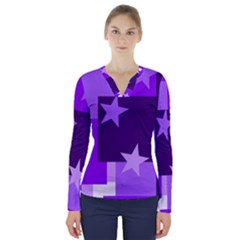 Purple Stars Pattern Shape V-neck Long Sleeve Top by Pakjumat