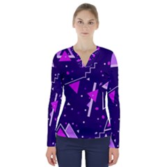 Purple Blue Geometric Pattern V-neck Long Sleeve Top by Pakjumat