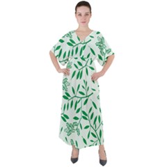 Leaves Foliage Green Wallpaper V-neck Boho Style Maxi Dress by Amaryn4rt