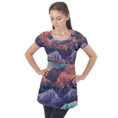 Adventure Psychedelic Mountain Puff Sleeve Tunic Top by Modalart