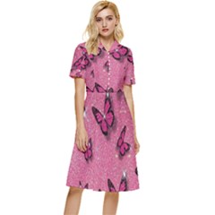 Pink Glitter Butterfly Button Top Knee Length Dress by Modalart