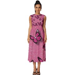 Pink Glitter Butterfly Sleeveless Round Neck Midi Dress by Modalart