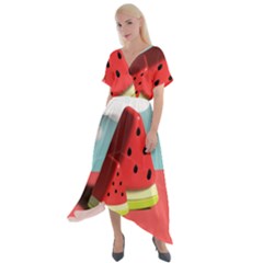 Watermelon Fruit Cross Front Sharkbite Hem Maxi Dress by Modalart