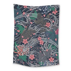 Japanese Wave Koi Illustration Seamless Pattern Medium Tapestry by Bedest