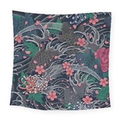 Japanese Wave Koi Illustration Seamless Pattern Square Tapestry (large) by Bedest