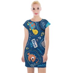 Seamless Pattern Vector Submarine With Sea Animals Cartoon Cap Sleeve Bodycon Dress by Bedest