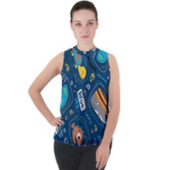 Seamless Pattern Vector Submarine With Sea Animals Cartoon Mock Neck Chiffon Sleeveless Top by Bedest