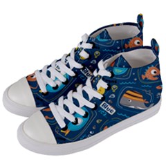 Seamless Pattern Vector Submarine With Sea Animals Cartoon Women s Mid-top Canvas Sneakers by Bedest