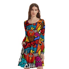 Graffiti Characters Seamless Pattern Long Sleeve Knee Length Skater Dress With Pockets by Bedest