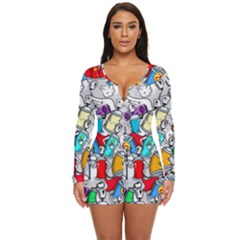 Graffity Characters Seamless Pattern Art Long Sleeve Boyleg Swimsuit by Bedest