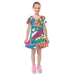 Comic Colorful Seamless Pattern Kids  Short Sleeve Velvet Dress by Bedest