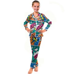 Comic Colorful Seamless Pattern Kids  Satin Long Sleeve Pajamas Set by Bedest