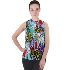 Graffiti Characters Seamless Patterns Mock Neck Chiffon Sleeveless Top by Bedest