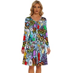 Graffiti Characters Seamless Patterns Long Sleeve Dress With Pocket by Bedest