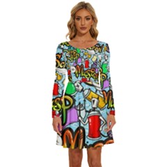 Graffiti Characters Seamless Patterns Long Sleeve Wide Neck Velvet Dress by Bedest