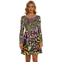 Graffiti Word Seamless Pattern Long Sleeve Wide Neck Velvet Dress by Bedest