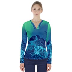 Aurora Borealis Sky Winter Snow Mountains Night V-neck Long Sleeve Top by Pakjumat