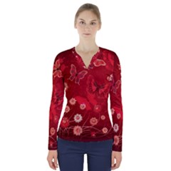 Four Red Butterflies With Flower Illustration Butterfly Flowers V-neck Long Sleeve Top by Pakjumat