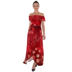 Four Red Butterflies With Flower Illustration Butterfly Flowers Off Shoulder Open Front Chiffon Dress by Pakjumat