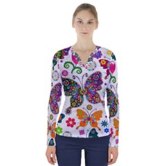 Butterflies Abstract Colorful Floral Flowers Vector V-neck Long Sleeve Top by Pakjumat