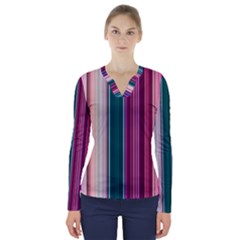 Vertical Line Color Lines Texture V-neck Long Sleeve Top by Pakjumat