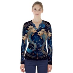 Fish Star Sign V-neck Long Sleeve Top by Pakjumat