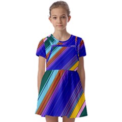 Color Lines Slanting Green Blue Kids  Short Sleeve Pinafore Style Dress by Pakjumat