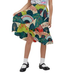 Japanese Fans Bright Pattern Kids  Ruffle Flared Wrap Midi Skirt by Pakjumat